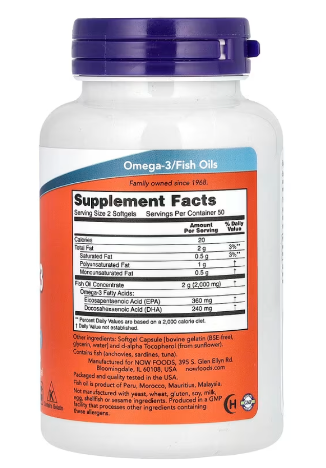 NOW Foods, Omega-3 Fish Oil, 1,000 mg | 100 Capsules